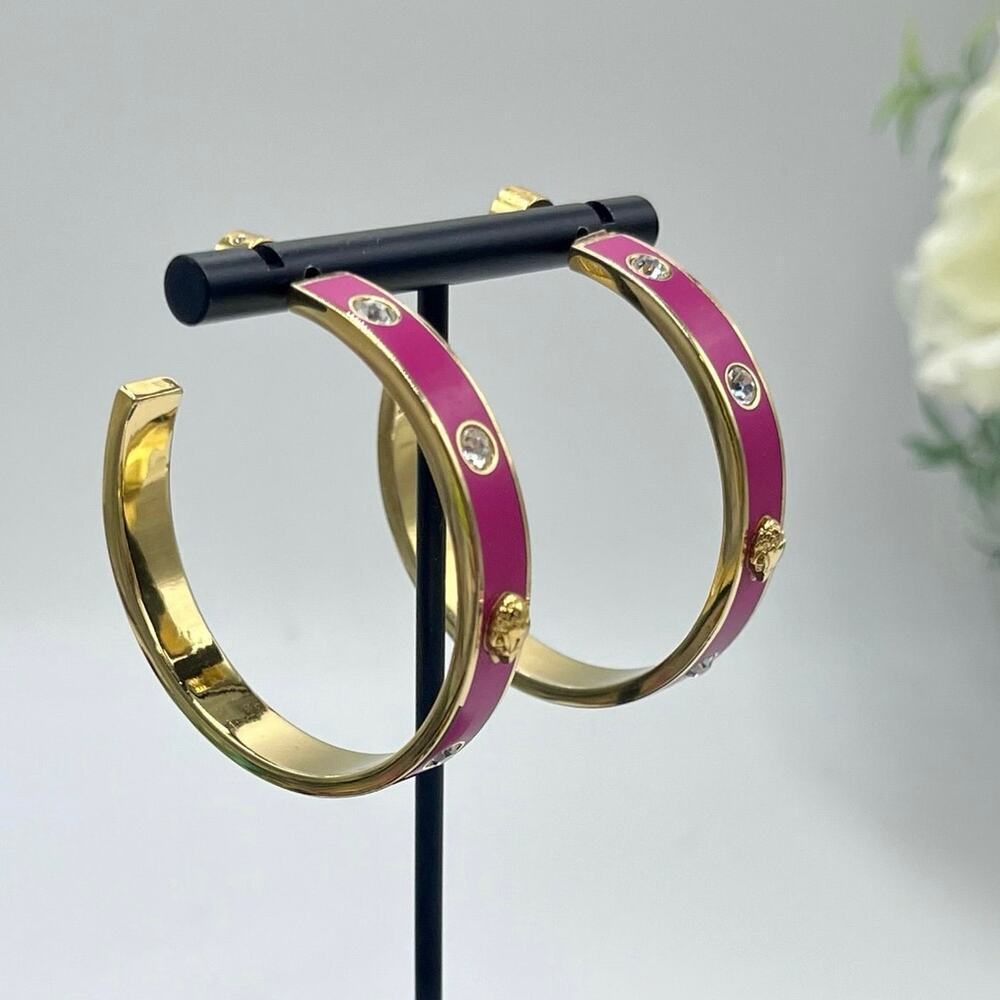 Kurt Geiger Signed Fuchsia Enamel Eagle & Crystal Hoop Post Earrings